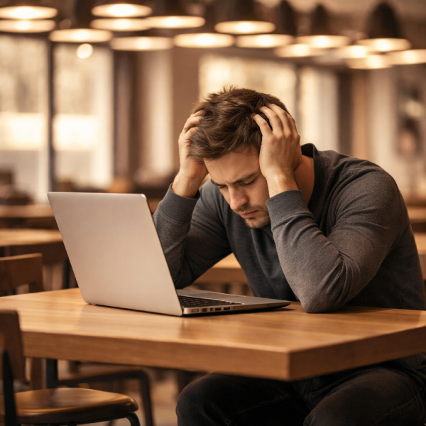 Pessoa exausta em ambiente de trabalho, representando burnout e sobrecarga