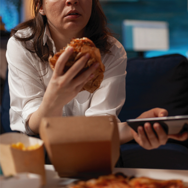 Mesa com alimentos variados representando relação com a comida e saúde emocional